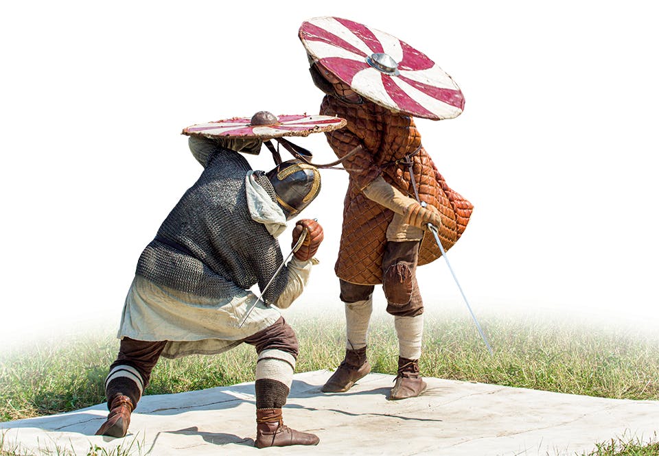 duell skinn dmOv6J1kPu6W Återskapande av en vikingatida holmgång på en festival i Ryssland.